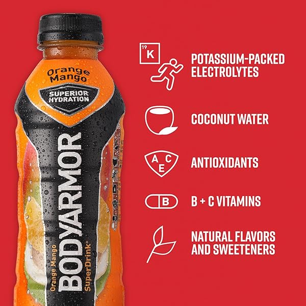 BODYARMOR SPORTS DRINK SPORTS BEVERAGE, ORANGE MANGO, COCONUT WATER HYDRATION, NATURAL FLAVORS WITH VITAMINS, POTASSIUM-PACKED ELECTROLYTES, PERFECT FOR ATHLETES, 16 FL OZ (PACK OF 12)