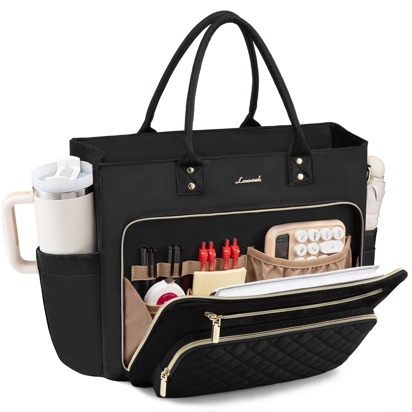 Photo 1 of LOVEVOOK Teacher Tote Bag for Women Work, Laptop Bag Work Tote Bag Nurse Bags With Large Cup Holder, Professional Computer Briefcase Business Large Purses Handbag, Diaper Bag Mother Gift, Black