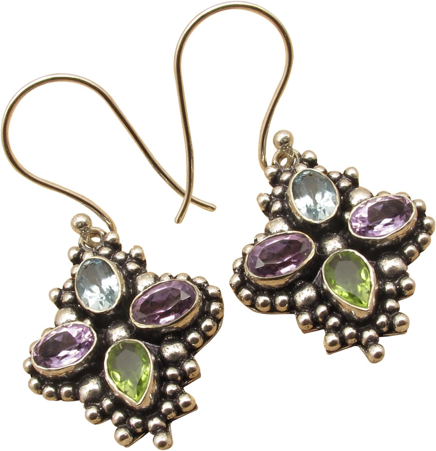 925 Sterling Silver Plated Natural Multi Gemstone Multi-Colored TIBETAN Earrings Birthday Present