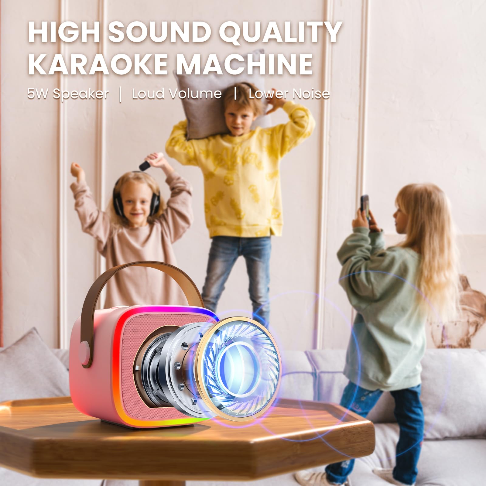 BONAOK Microphone Karaoke Machine 2 Microphones, Bluetooth Karaoke Machines for Children Adults, Portable Karaoke Player Microphone for Charging, Children's Electronic Toy (Pink)