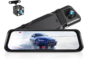 CAMECHO Rear View Mirror Camera 9.66" HD Mirror Dash Cam Front and Rear Camera, 4-LED Waterproof Rear View Backup Camera, Ful