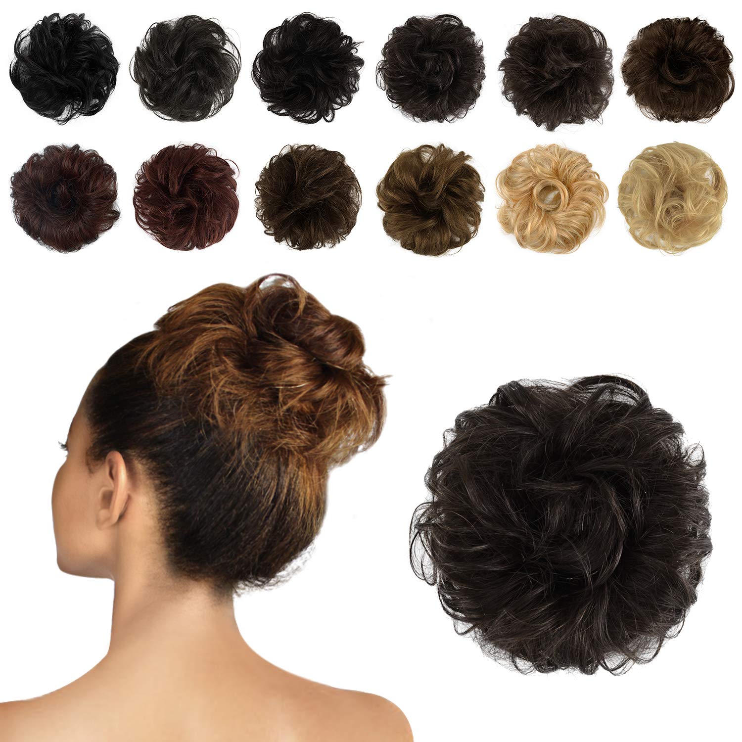 Feshfen 100 Human Hair Scrunchies 4 Brown Curly Messy Hair Bun