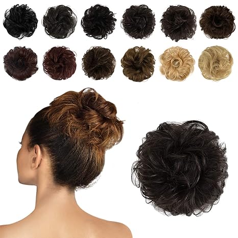 Feshfen 100 Human Hair Scrunchies 4 Brown Curly Messy Hair Bun
