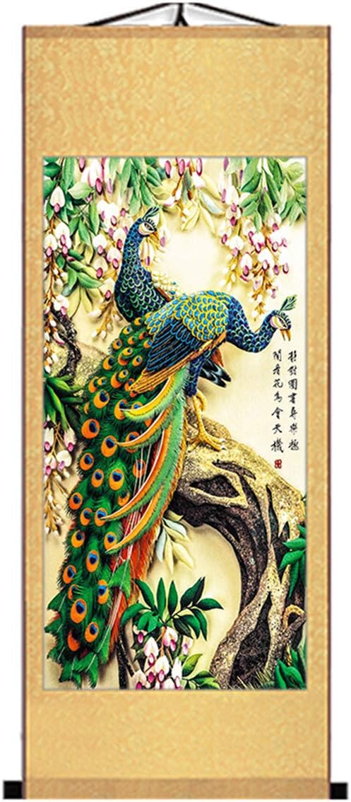 Paintings - Zzooi Chinese Elegant Art Peafowls Painting Wall Art Hanging Scroll