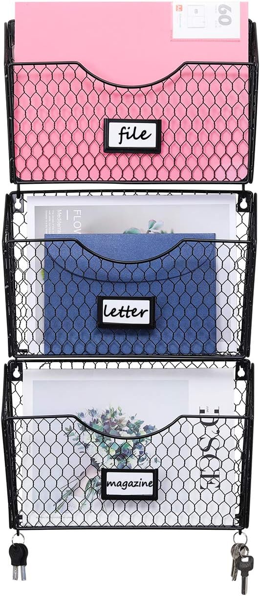 PAG 3 Pockets Hanging File Holder Wall Mount Mail Organizer Metal Chicken Wire Magazine Rack with Tag Slot (Black-DG) : Office Products
