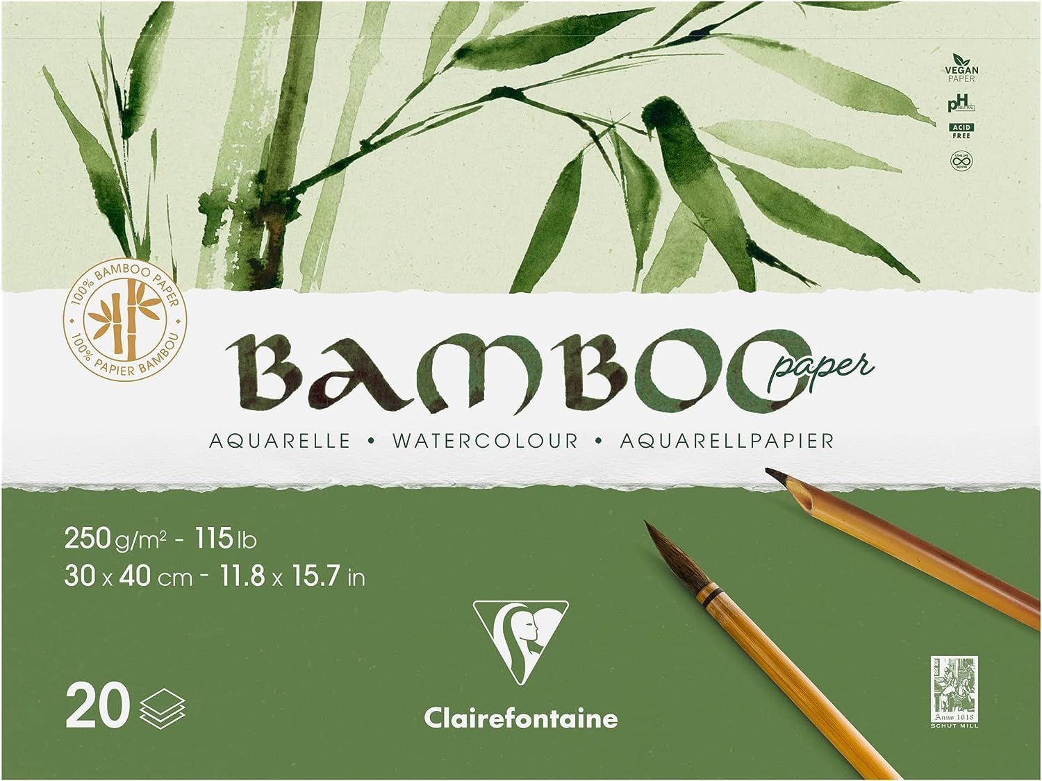 Clairefontaine 975914C - Double-sided glued pad Bamboo - 20 sheets of 100% bamboo watercolour paper, natural white, 100% vegan - Fine grain 30x40 cm 250g