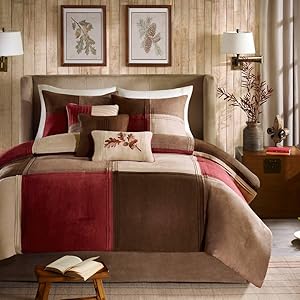 Madison Park Jackson Blocks Queen Size Bed Comforter Set Bed in A Bag - Burgundy, Tan, Pieced Colorblock &ndash; 7 Pieces Bedding Sets &ndash; Faux Suede Bedroom Comforters
