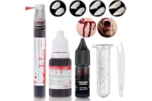 Mysense Fake Blood and Vampire Fangs Teeth Makeup Kit, 1 Fake Blood Spray, 1 Liquid Squirt Blood, 1 Sticky Stage Blood and 4 Sizes Fake Teeth for Halloween Cosplay SFX Makeup