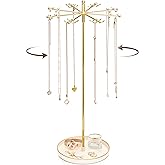 JOPBENG Necklace Holder Jewelry Stand, Rotating Necklace Holder Organizer with 32 Hooks, Metal Spinning Jewelry Display Stand for Long Necklace Earring Bracelet Keychain Tree Stand for Women Gold