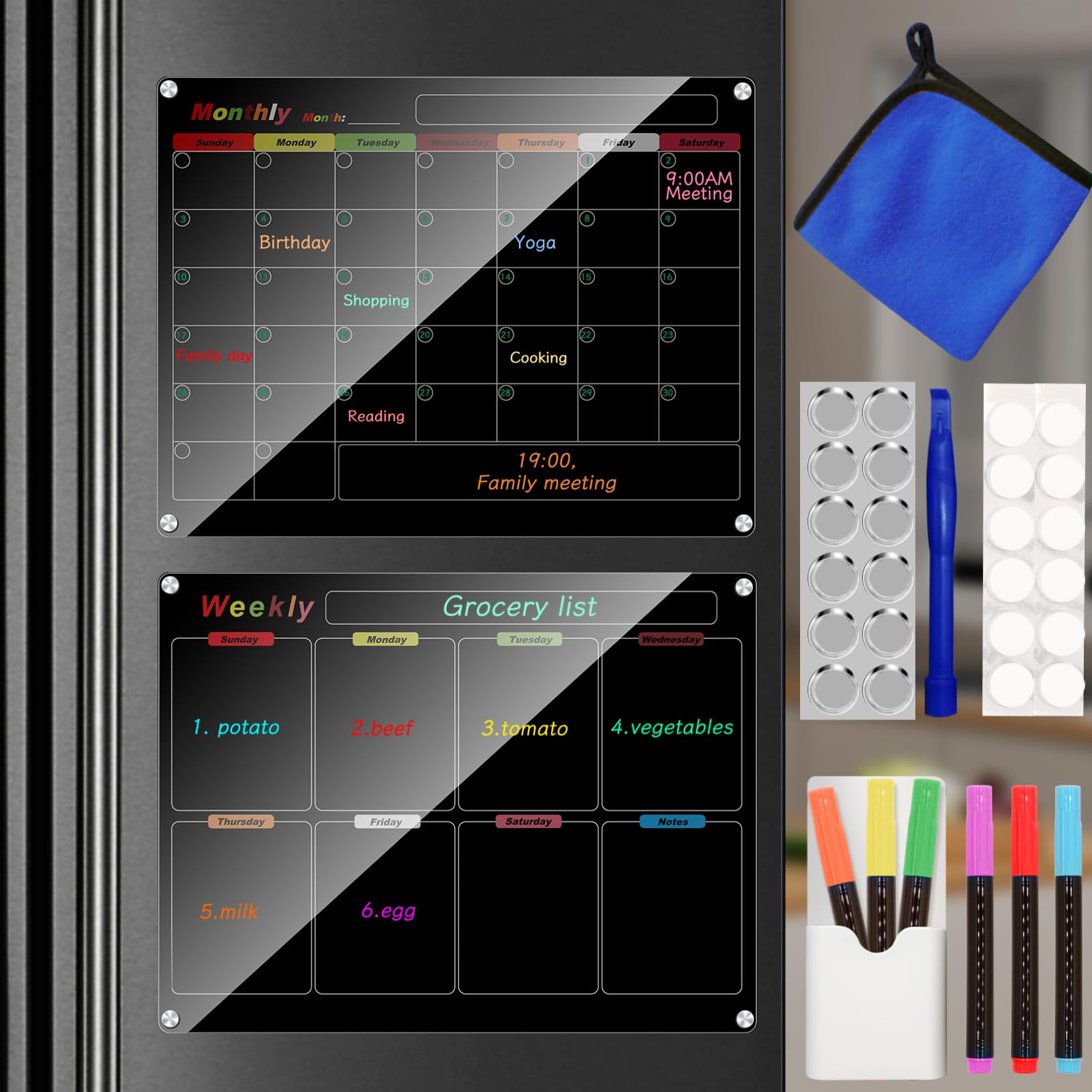 Ninyoon Calendar Meal Planner for Fridge, Magnetic Acrylic Fridge Menu Dry Erase Board with 6 Markers 1 Holder 12 Hanging Hardware 12 Gaskets 1 Towel - 2 Set (Black - 15.7x11.8" - Weekly & Monthly)