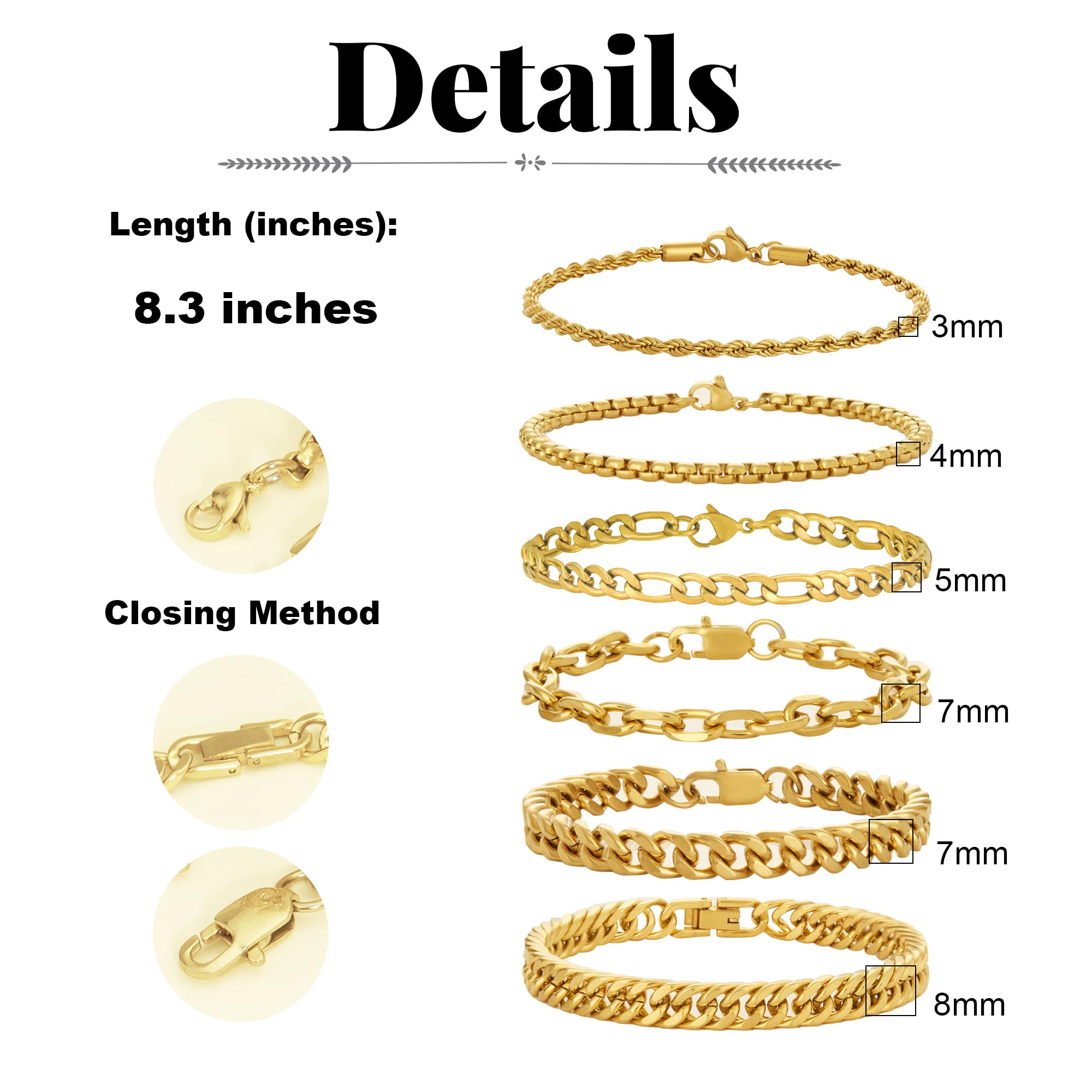 XIANNVXI 6 Pcs Stainless Steel Bracelets for Men Women Cuban Link Bracelet Rope Paperclip Chain Bracelets Set 6.5/7/7.5/8.3/9 Inches Mens Metal Bracelets