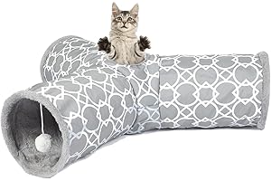 LUCKITTY Geometric Cat Tunnel with Plush Inside,Cats Toys Collapsible Tunnel Tube with Balls, for Rabbits, Kittens, Ferrets,P