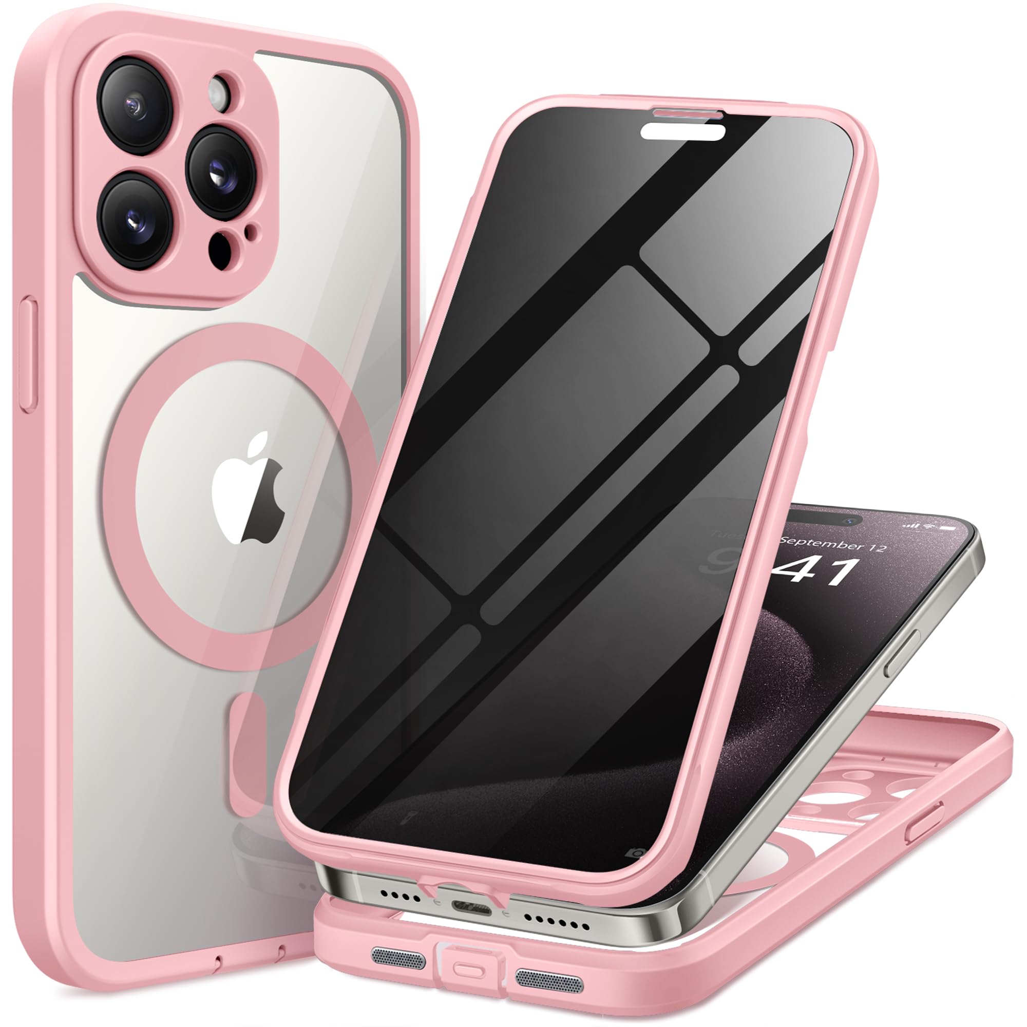 TIESZEN for iPhone 15 Pro Max Case, Compatible with MagSafe, Built-in Privacy Screen Protector and Camera Protection, Anti Spy Full Body Dustproof Shockproof Hard Phone Case 6.7", Pink — image 1