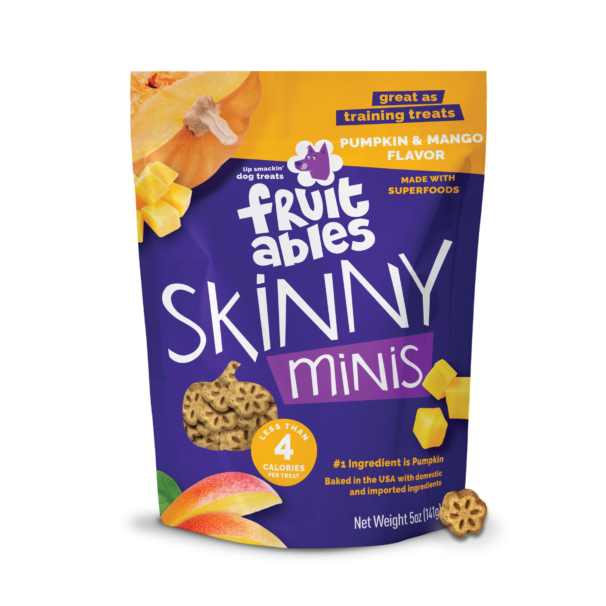 Fruitables Skinny Mini Dog Treats, Healthy Pumpkin Treat for Dogs, Low Calorie & Delicious, Puppy Training, Free of Wheat, Corn and Soy, Made in the USA, Pumpkin and Mango Flavor, 5oz