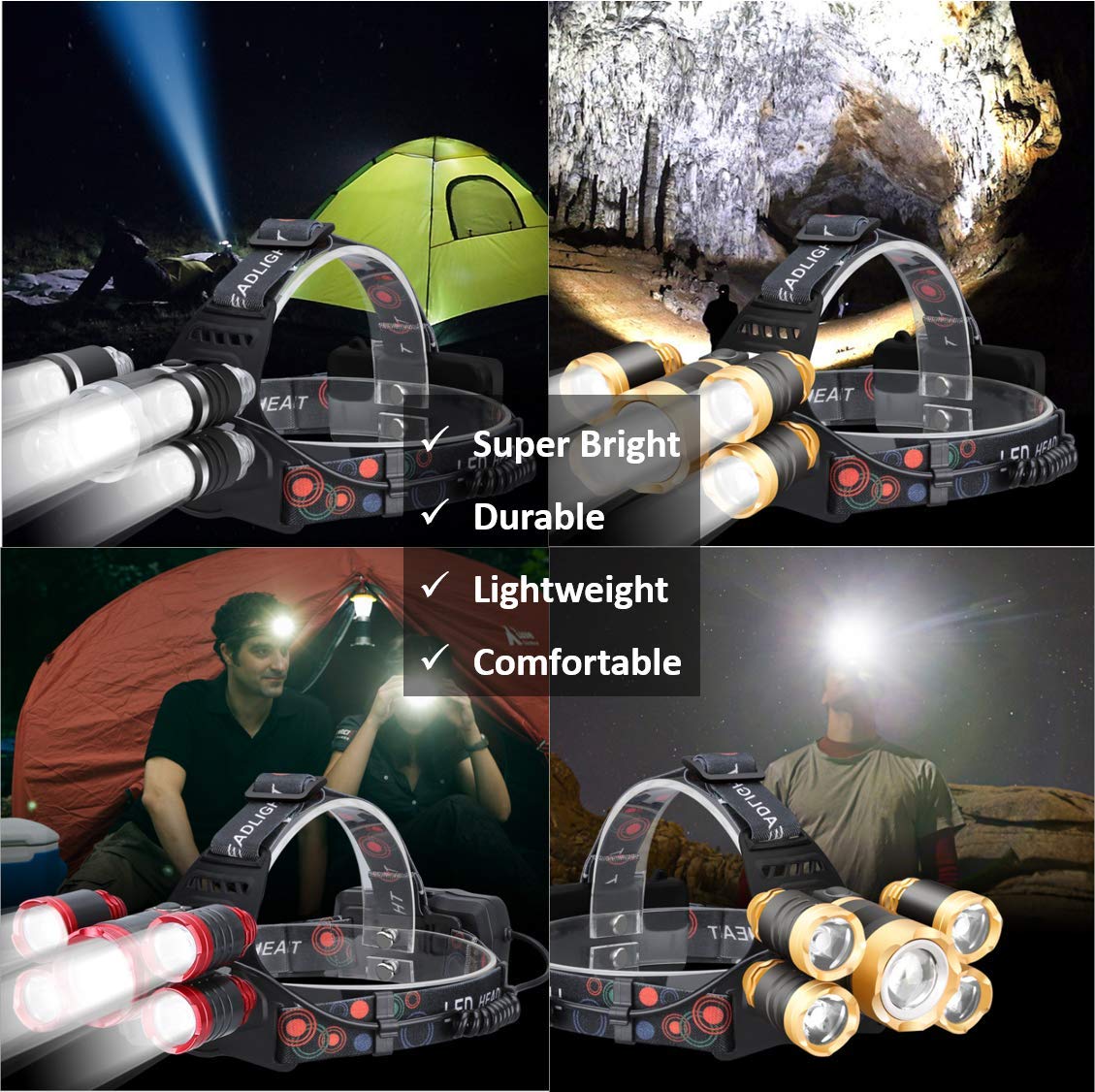 Super Bright Headlamp LED Tactical Flashlight with Rechargeable Batteries, Zoomable,4-Mode Head Lamp,Waterproof Head Flash Light for Camping,Hiking, Fishing,Biking