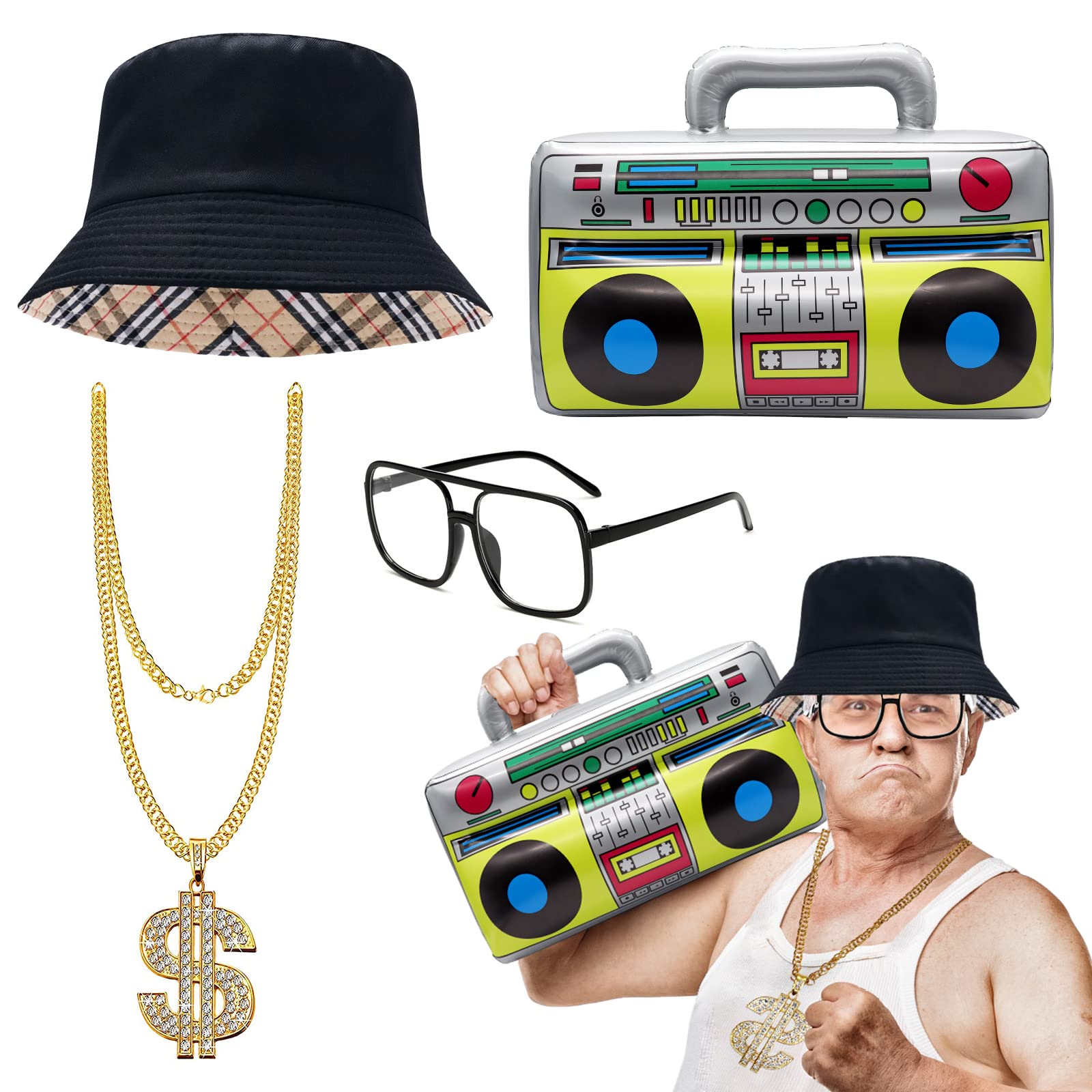 Grantop Hip Hop Costume Kit, 80s 90s Rapper Accessories Including Inflatable Boom Box Golden Iron Alloy Chain Glasses Bucket Hat, Old Style Cool Rapper Outfits for Men Women