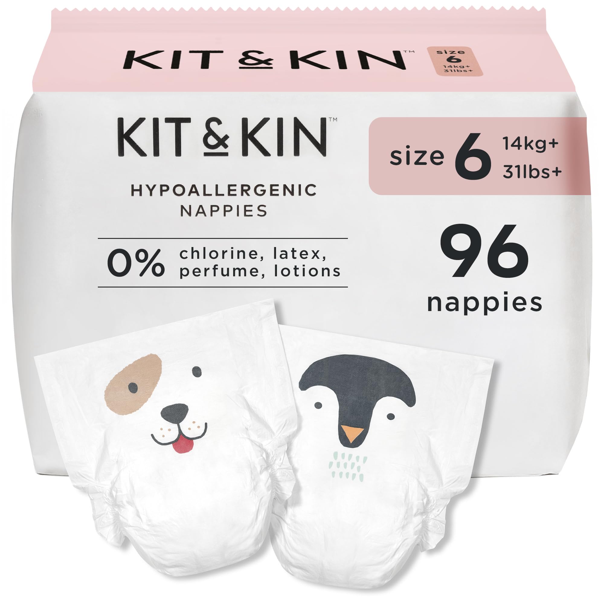 Kit & Kin Premium Baby Nappies Size 6 | 14+ kgs / 31+ lbs | Pack of 96 Nappies | Plant-Based Materials On Baby's Skin | Hypoallergenic | Superior up to 12 Hour Leak Protection