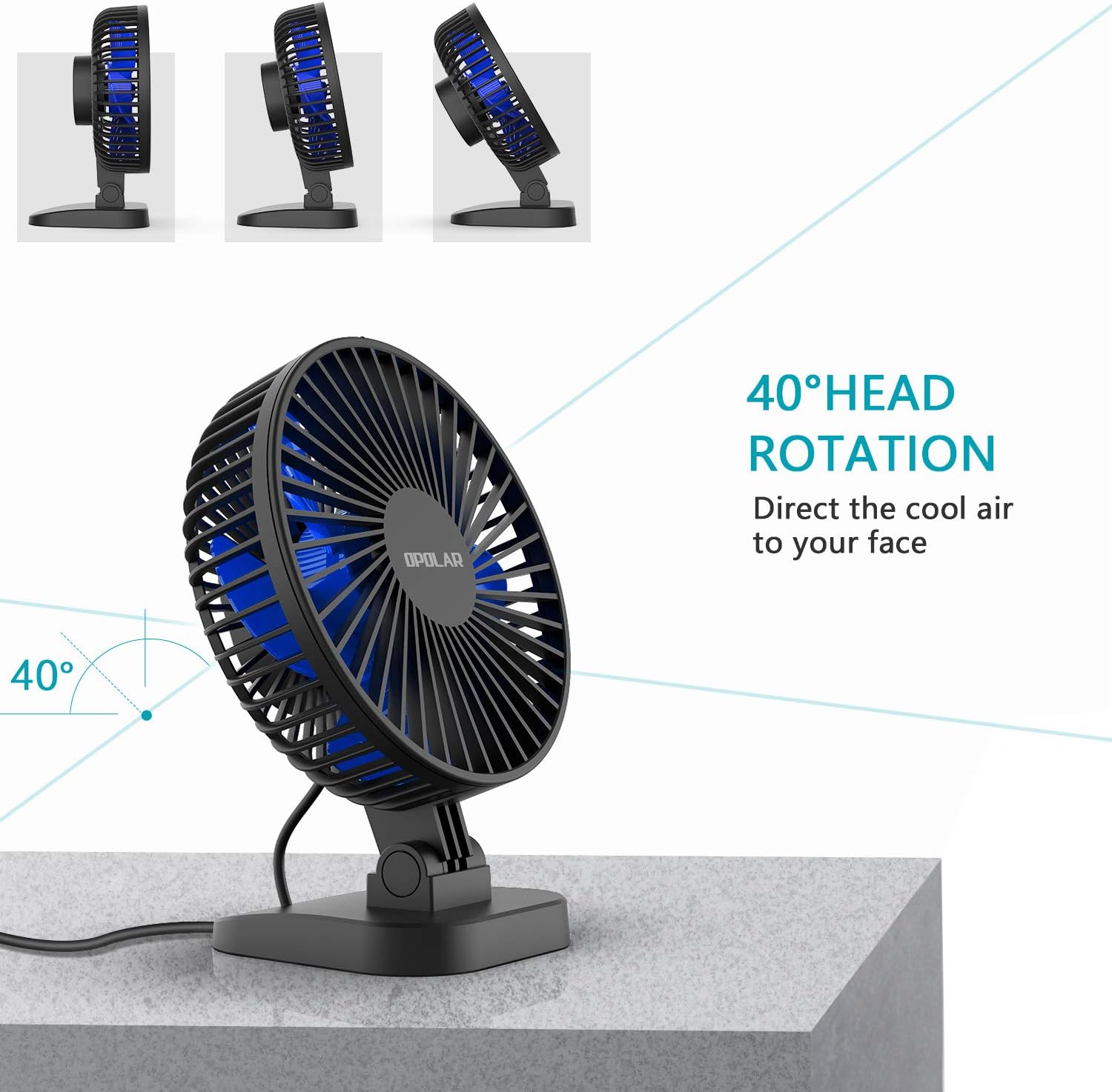 OPOLAR USB Desk Fan, Small but Mighty, Quiet Portable Fan for Desktop Office Table, 40° Adjustment for Better Cooling, 3 Speeds, 4.9 ft Cord: Home & Kitchen