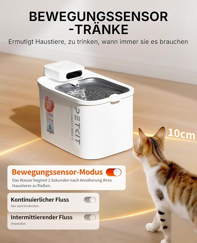 Intelligenter Haustier Trinkbrunnen, 3L Edelstahl & BPA-frei,Leise 26dB mit Bewegungssensor, Lange Batterielebensdauer,Spülmaschinenfest,Flüsterleise Katzenbrunnen Hundetrinkbrunnen