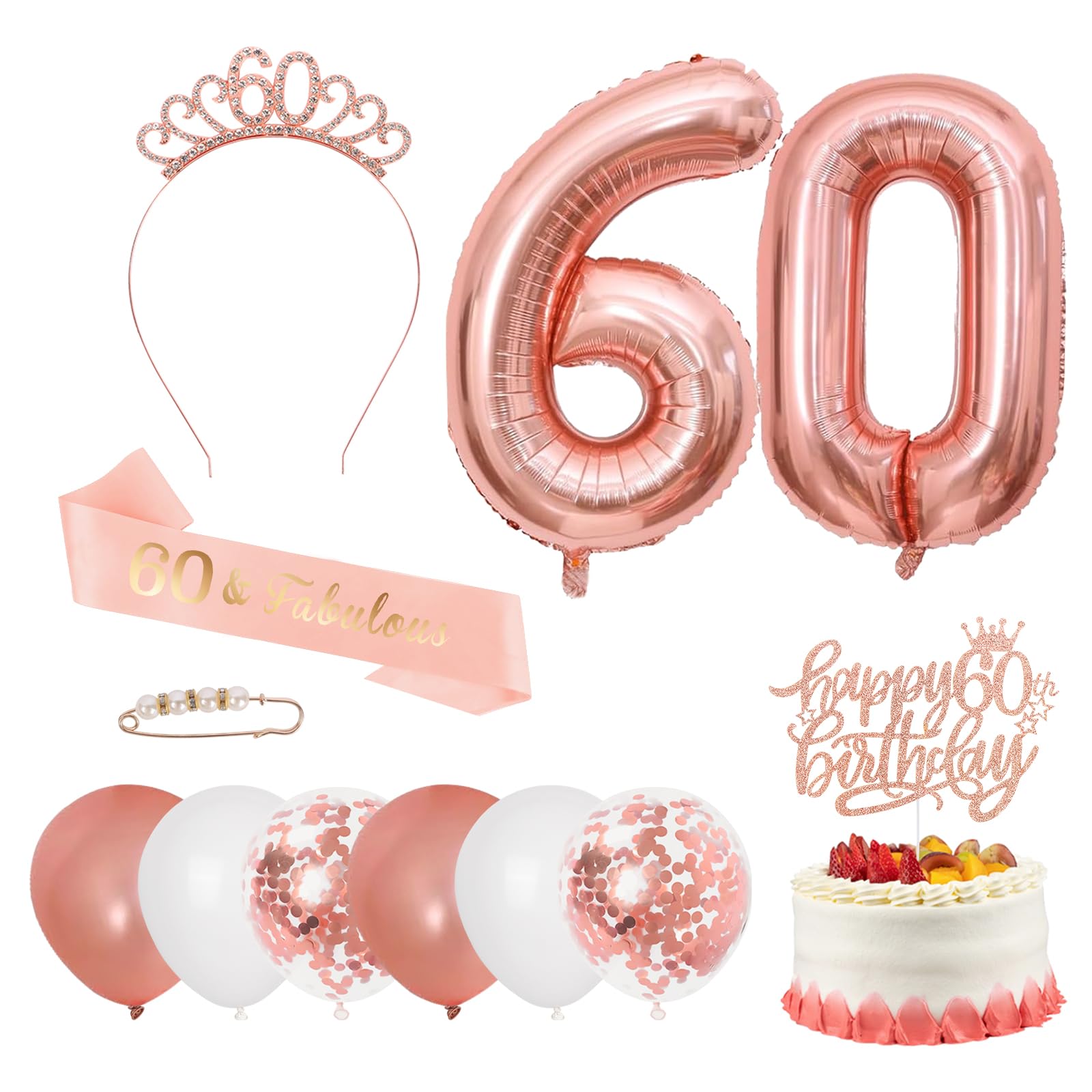 Iridsmole 60th Birthday Decorations Rose Gold, 60th Birthday Tiara and Sash for Women, Number 60 Foil Balloons, 60th Cake Topper, 60 & Fabulous Sash and Crown for Women Birthday Party Favor Supplies — image 1