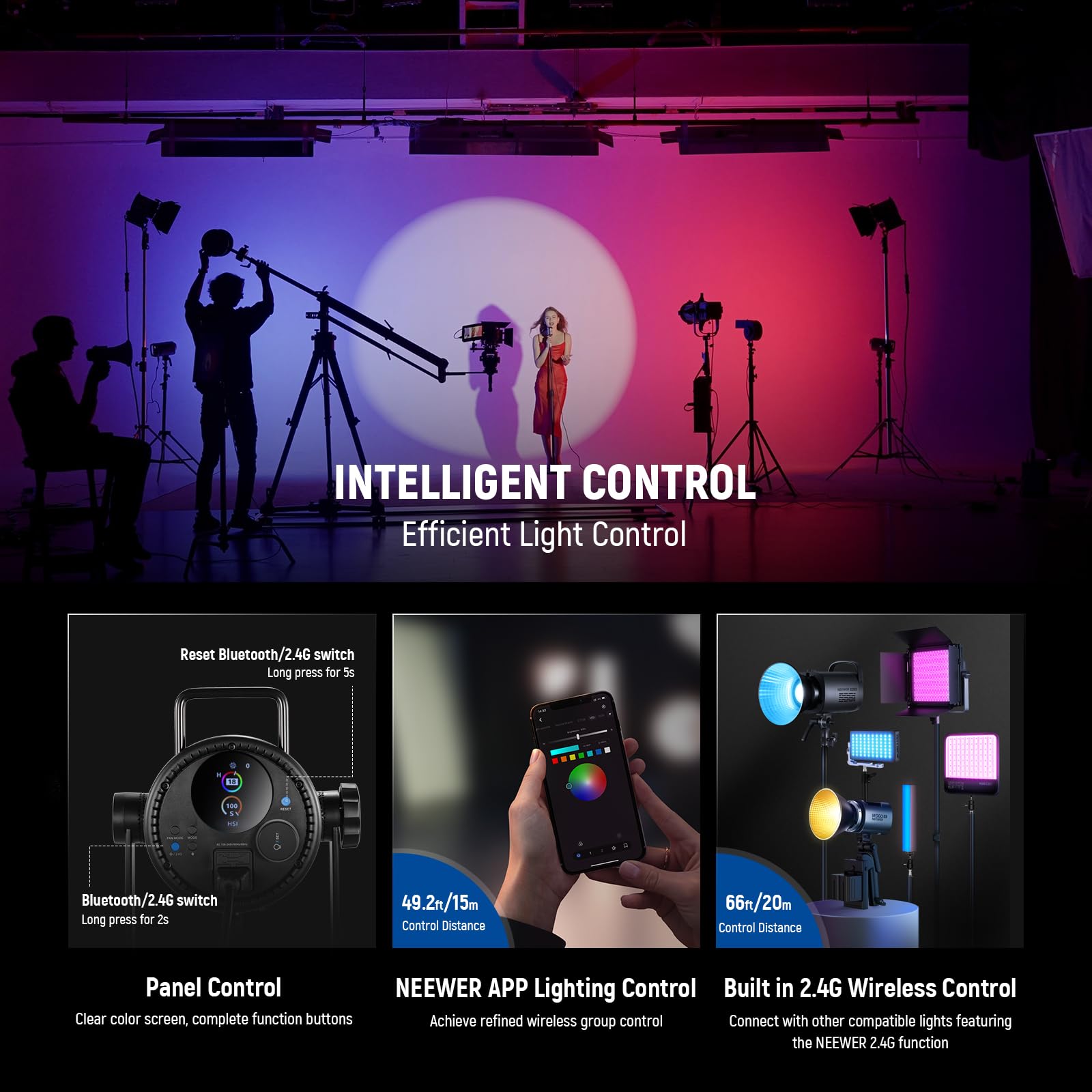 NEEWER CB 300C RGB LED Video Light with Reflector, 300W, APP/2.4G Control, 17 Scenes 29600Lux/1m 2500-7500K CRI97+/TLCI97+ Full Color Bowens COB Continuous Output Lighting Dimmable for Studio Filming