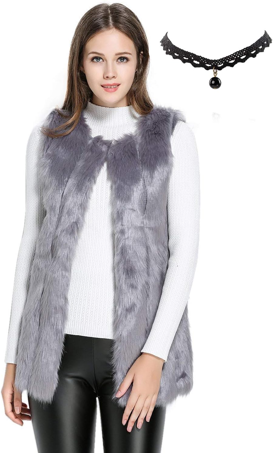 Semia Women Faux Fur Vest Sleeveless Shrug Vintage Solid Fluffy Gilet Coat Outwear Tops