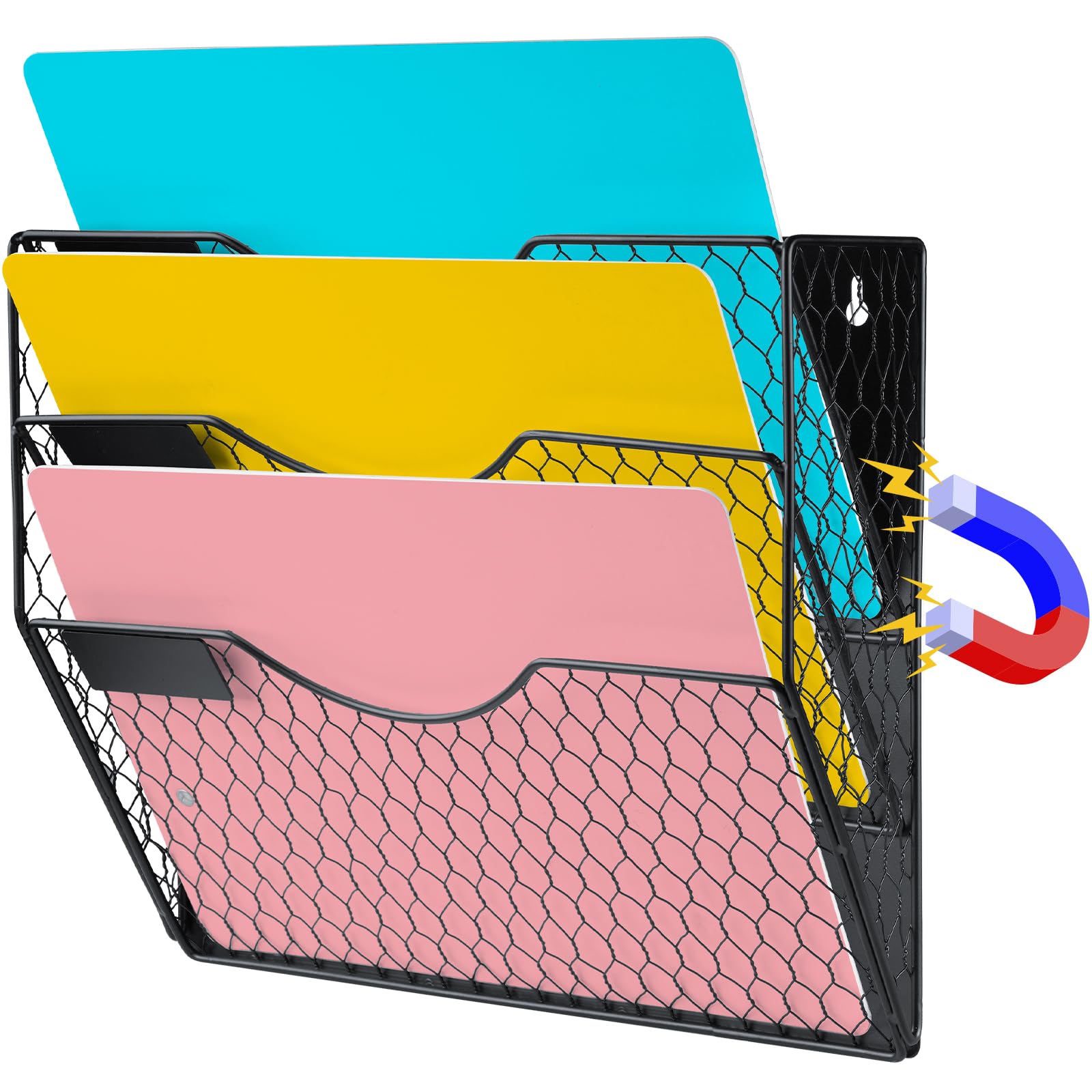 NiOffice 3-Pocket Magnetic File Organizer for Office and Home - Vertical Magazine and Mail Holder with No-Drill Mounting for Wall, Cabinet or Fridge (Black)