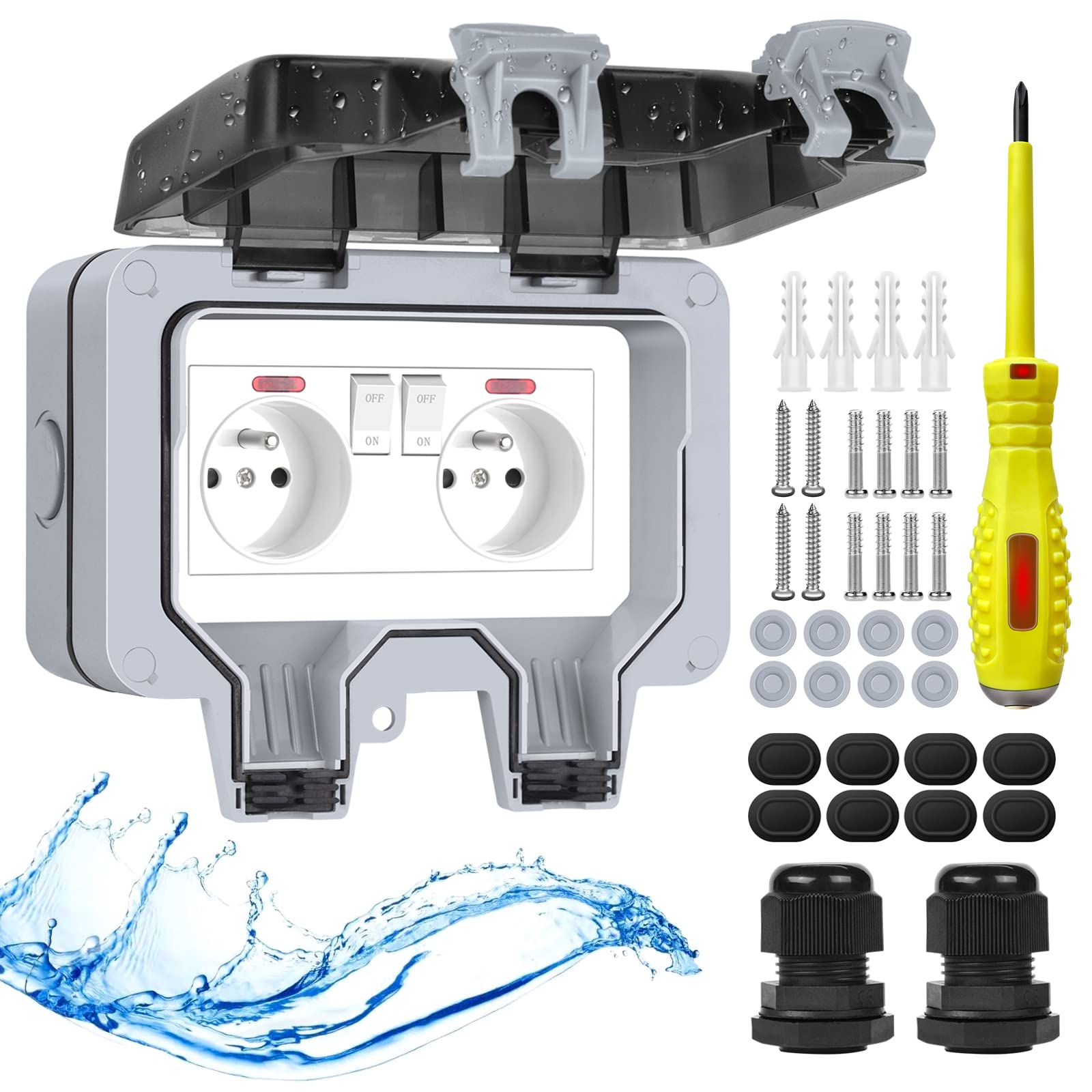2022 Outdoor Socket Waterproof Socket IP66 with Switch Indicator Light, Weatherproof Outdoor Socket Surface-Mounted Outdoor Socket Garden Wall Socket with Lockable Hinged Lid Double Socket FR
