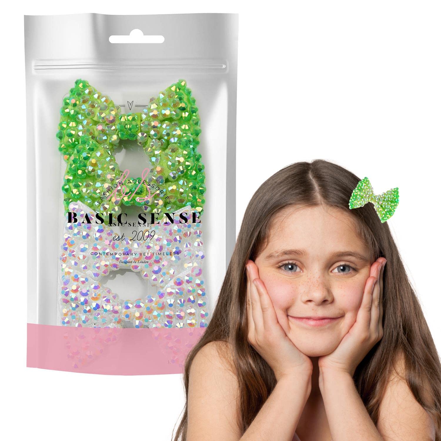 BasicSense 4 Pieces Shiny Rhinestone Small Bow Crocodile Alligator Hair Clips for Girls, Green - White