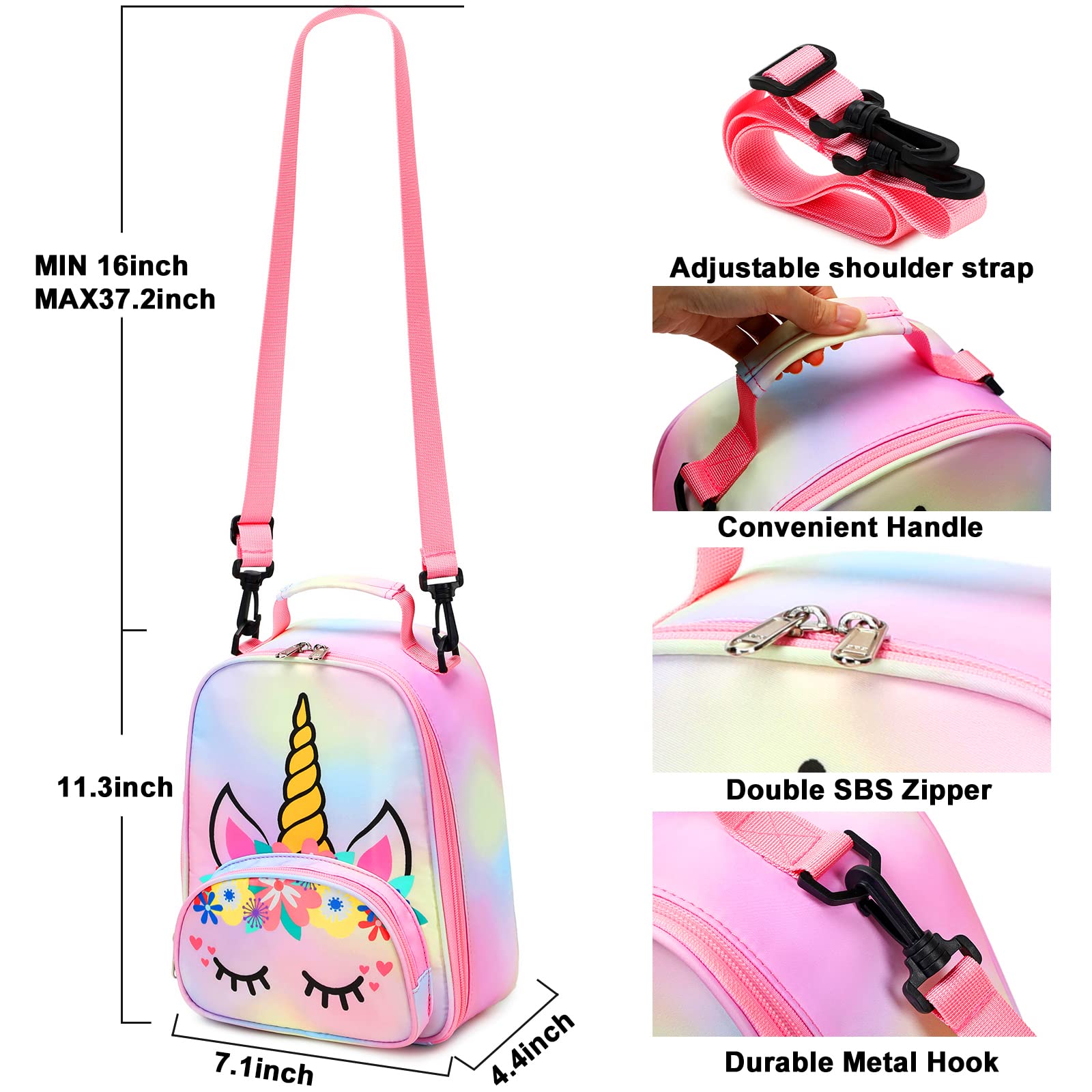 BTOOP Lunch Box Kids for Girls Insulated Lunch Bag Cute Reusable Toddler Thermal Meal Cooler Tote Crossbody Bags with Removable Shoulder Strap for School Travel (Rainbow 1)