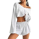 Remidoo Women's Off the Shoulder 2 Piece Outfits Long Sleeve Crop Top and Shorts Set Sweatsuit White Large