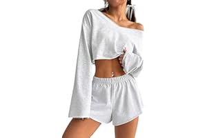 Remidoo Women's Off the Shoulder 2 Piece Outfits Long Sleeve Crop Top and Shorts Set Sweatsuit