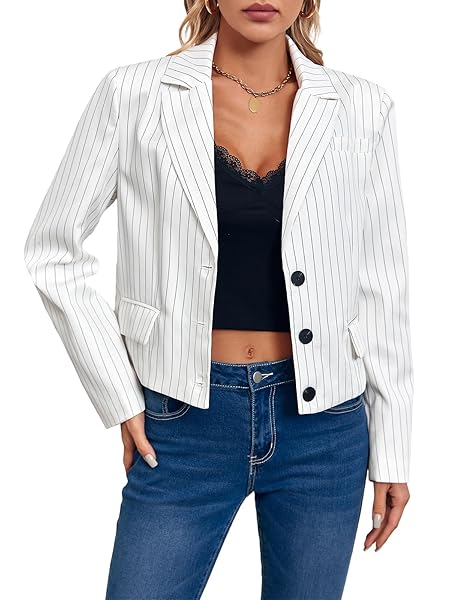 CICY BELL WOMENS CROPPED STRIPED BLAZER CASUAL LONG SLEEVE LAPEL BUTTON DOWN WORK BLAZER JACKETS WHITE