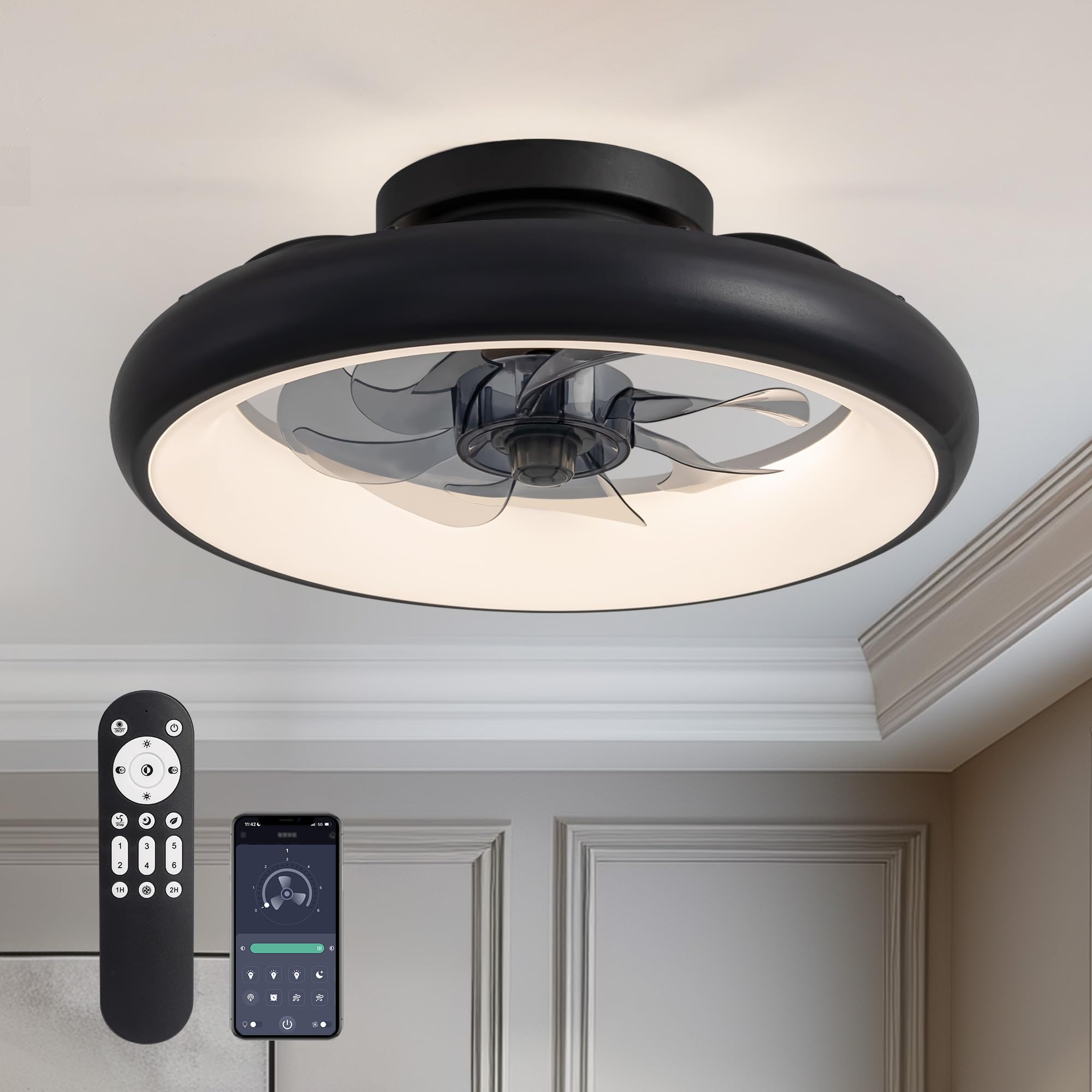 LUDOMIDE Ceiling Fan with Lights, 15" Flush