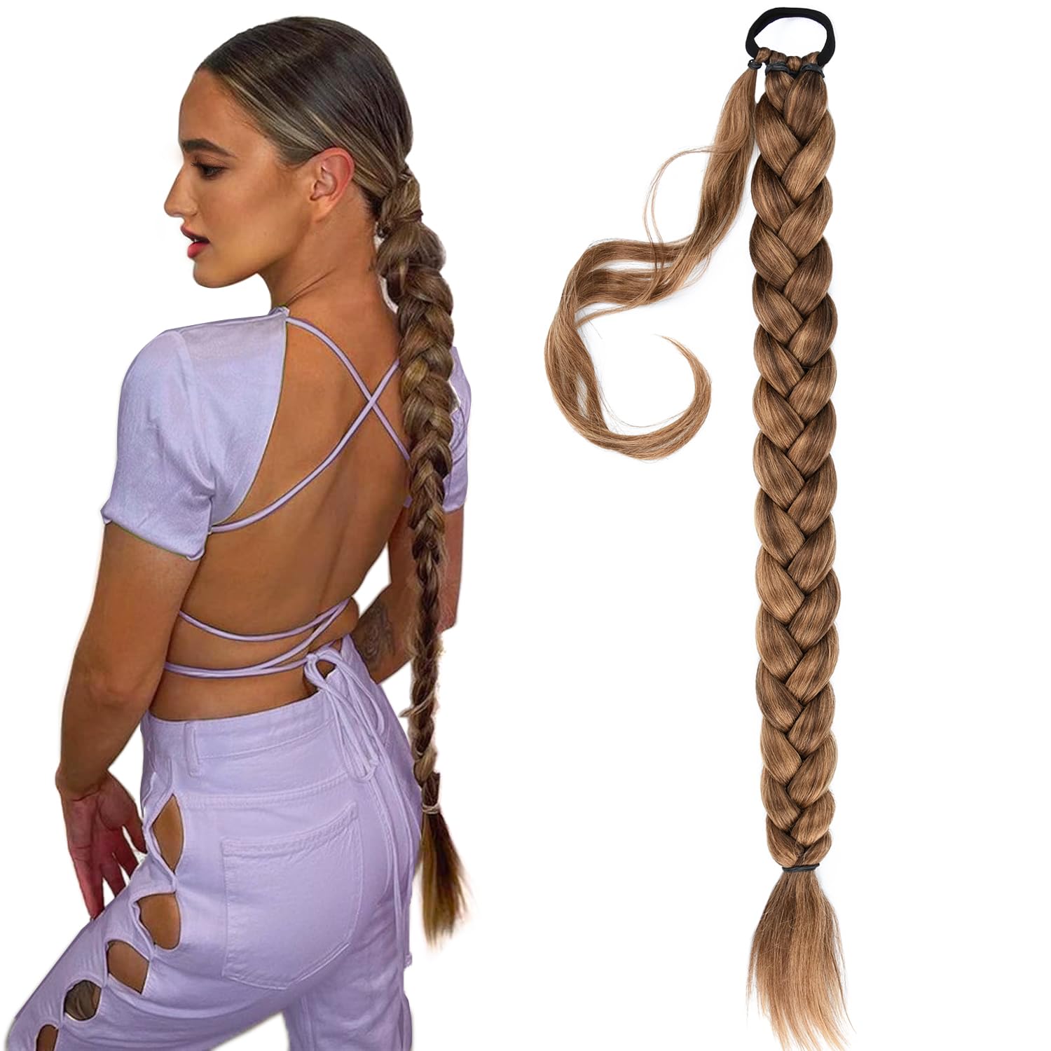 Gledola Long Braided Ponytail Extension 30 Inch Pre stretched Braiding Hair Extensions DIY Braid Ponytail Synthetic Hair Piece (Caramel Brown, 30 inches)