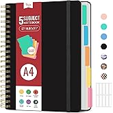 Hardcover Spiral Journal Notebooks for Work With Removable Dividers & Tabs, 8.5"x11" 5 Subject Notebook for Note Taking & Organizer, A4 College Ruled Lined Journal for Women & Writing, Black, 280 Pages