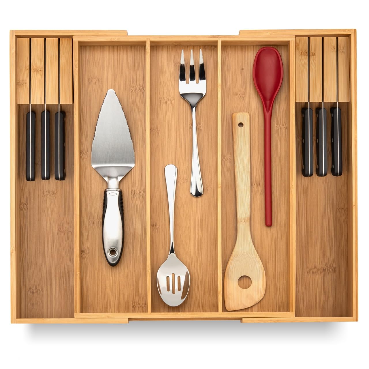 Photo 1 of Purawood Kitchen Drawer Organizer with Knife Blocks - Utensil Drawer Organizer for Kitchen, Cutlery Tray & Silverware Organizer, 3-5 Slots - Bamboo Organizer for Utensils & Flatware (Natural)