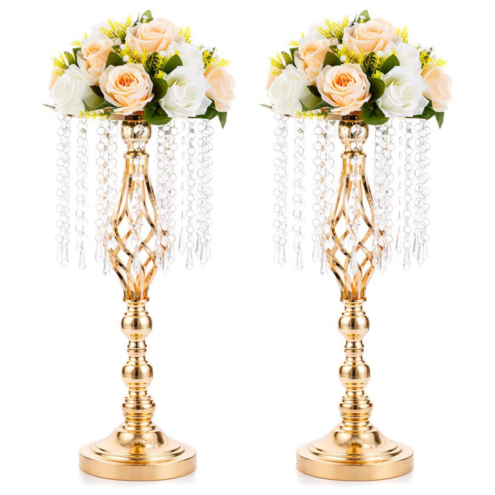 Photo 1 of 2 Pcs 19.3 inches Gold Centerpieces Table Tall Crystal Flowers Stand Wedding Road Lead Flower Holders Crystal Chandelier Metal for Reception Tables Supplies