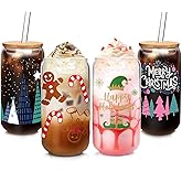 Mason Life Christmas Coffee Cups with Lids and Straws, 18OZ Drinking Glasses, Iced Coffee Glasses Cup, Smoothie Tumbler Glass, Valentine Gift for Women Girls Friends, 4 Sets (Colorful)