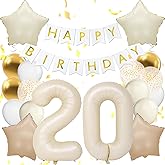 Happy 20th Birthday Decorations For Girls, White Happy Birthday Banner, Beige 20 Balloon Number 40 Inch, 20 Birthday Balloons For White And Gold Birthday Decorations
