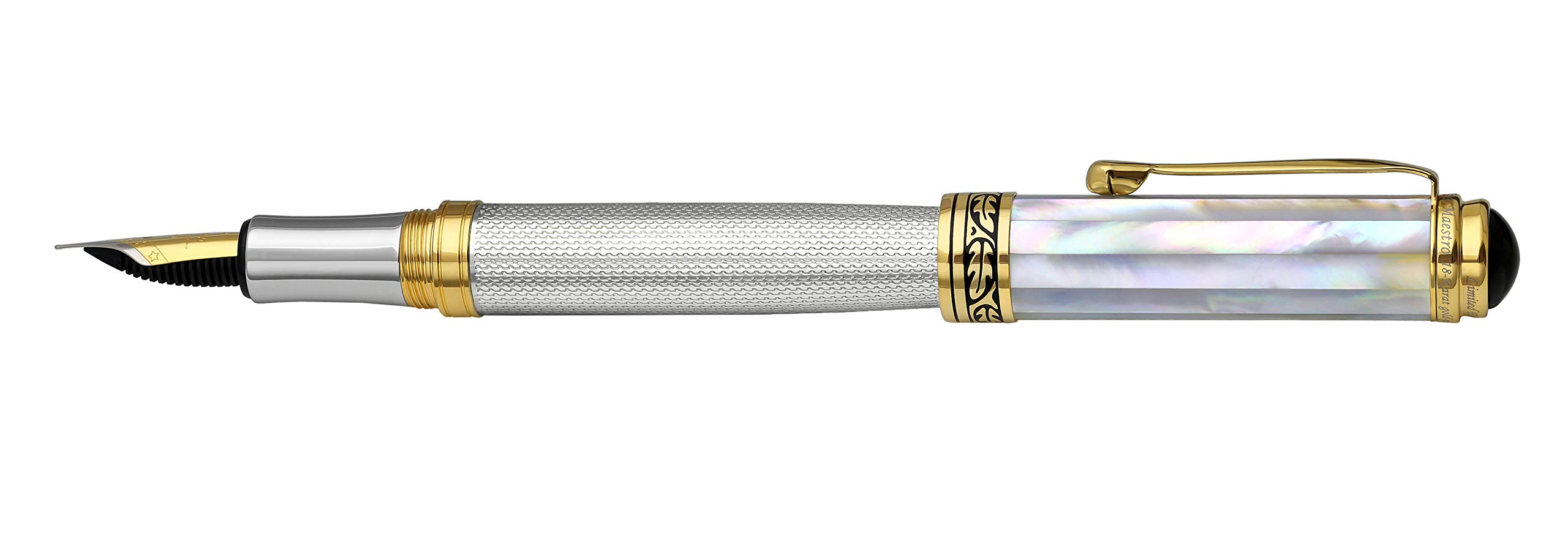Xezo Maestro Fountain Pen, Fine Nib. Solid 925 Sterling Silver with Oceanic White Mother of Pearl and 18 Karat Gold Plating. Handcrafted, Limited Edition, Serialized