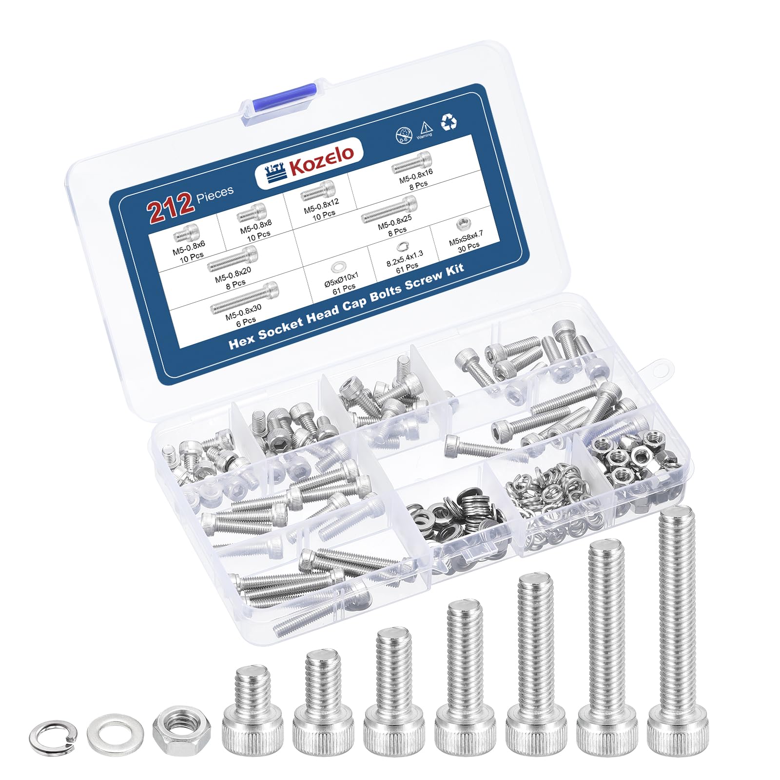 Kozelo 212pcs M5 Socket Head Cap Screws Bolts Nuts Assortment Kit - [M5x6/8/12/16/20/25/30mm] 304 Stainless Steel Allen Socket Drive for 3D Printer
