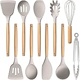 E-far Silicone Cooking Utensils Set, 10-Piece Heat Resistant Kitchen Utensils Set with Wooden Handle for Nonstick Cookware, Kitchen Nonstick Tools Spatula Whisk Tongs Ladle, Non-toxic & Healthy(Khaki)