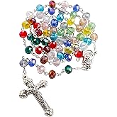 HELLOWIN 8mm Multicolor Crystal Beads Catholic Rosary Necklace for Women with Velvet Bag