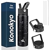 Konokyo 22oz Stainless Steel Bottles with 3 Lids Sport Insulated Water Bottle,Marble Midnight