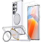 HCXLYP Magnetic Stand Case for Samsung Galaxy S25 Ultra [with 2 Tempered Glass Film] [360° Rotation Magnetic Stand] [Compatible with Magsafe] Military-Grade Drop Protection Case, Clear