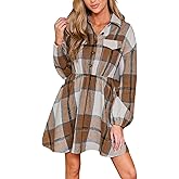 CUPSHE Womens Long Sleeve Fall Dresses Plaid Button Casual Loose Fit High Waist Flowy Mini Dress