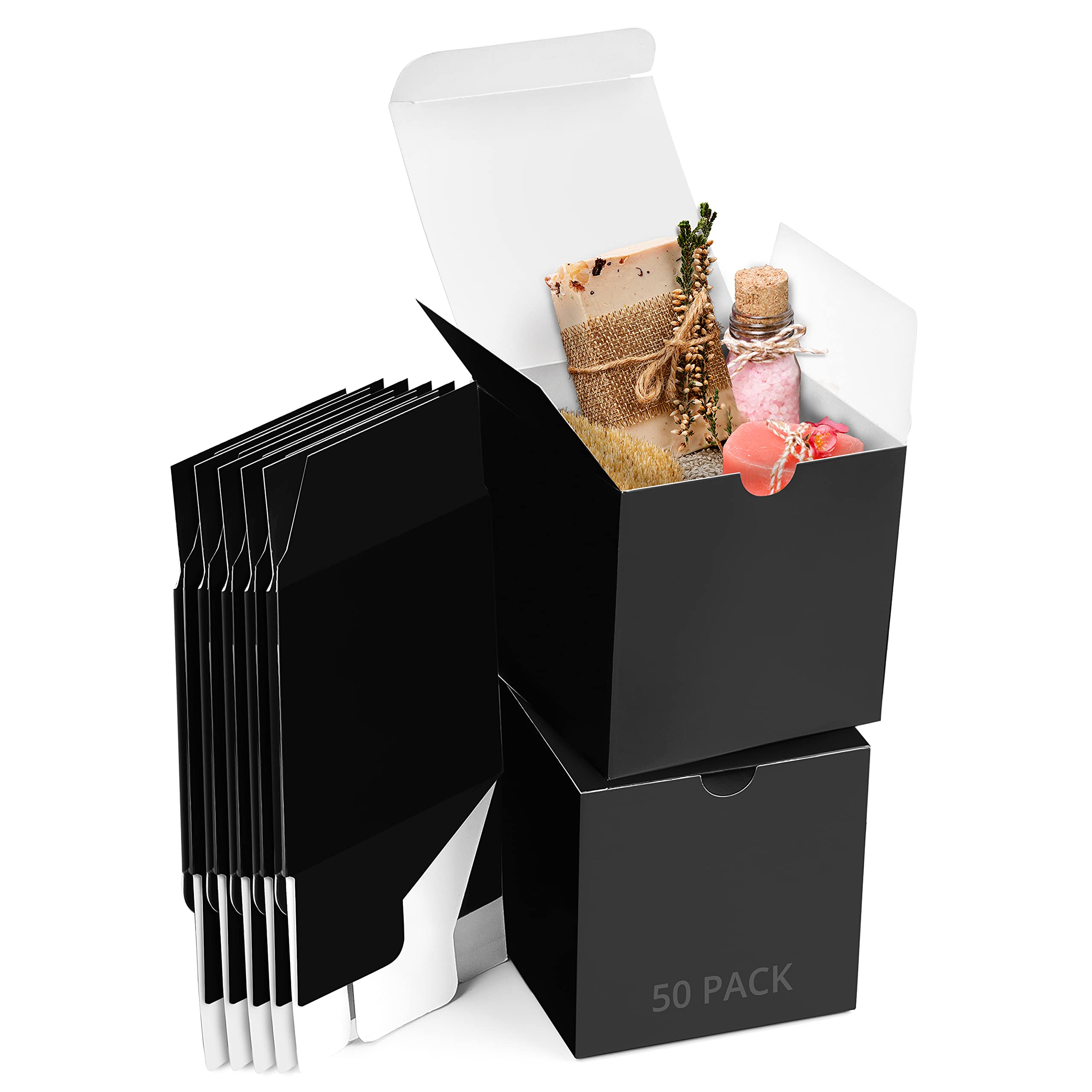 Belle Vous 50 Pack Black Kraft Gift Boxes - Box Measures 7.5 x 7.5 x 7.5cm (3 x 3 x 3 inches) - Easy Assemble Square Presentation Favour Present Box - Parties, Birthdays, Weddings, Holidays