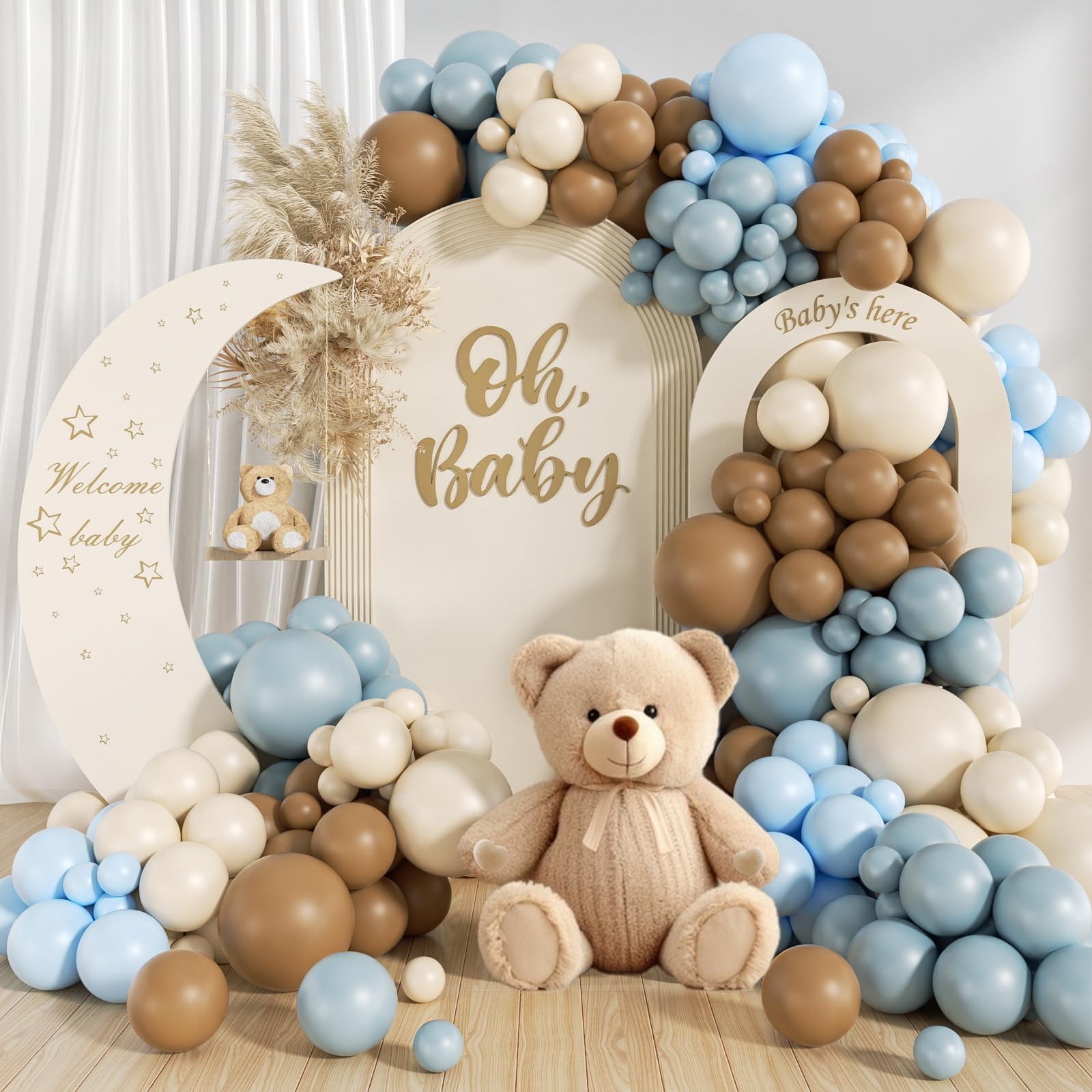 Photo 1 of 146Pcs Dusty Blue and Brown Balloon Arch Kit, Bear Baby Shower Decorations with Brown Sand White Dusty Blue Balloons for Baby Shower Decorations Gender Reveal Birthday Party Decoration