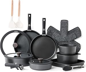 SENSARTE Topfsets Pfannenset 24 Teiliges, Antihaft Kochgeschirr mit Abnehmbarem Griff*3, Für alle Herdarten Geeignet, Spülmaschinenfest, Ofenfest (Schwarz)